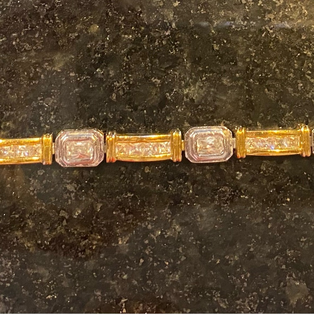 Vintage Sterling Silver 925 Gold Plated Link Bracelet with Clear Stones 7.5”